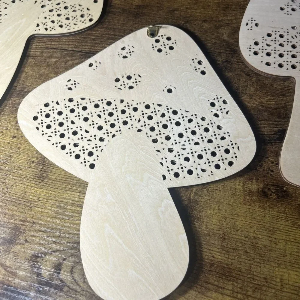 Mushroom Bundle (3) Wall Hanging Art Rattan Style Vintage Retro Natural Wood
